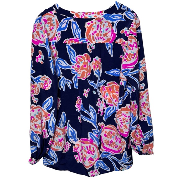 Lilly Pulitzer Alexandra Top Blouse Silk Women's Medium Blue Pink Resort Travel - Picture 2 of 12
